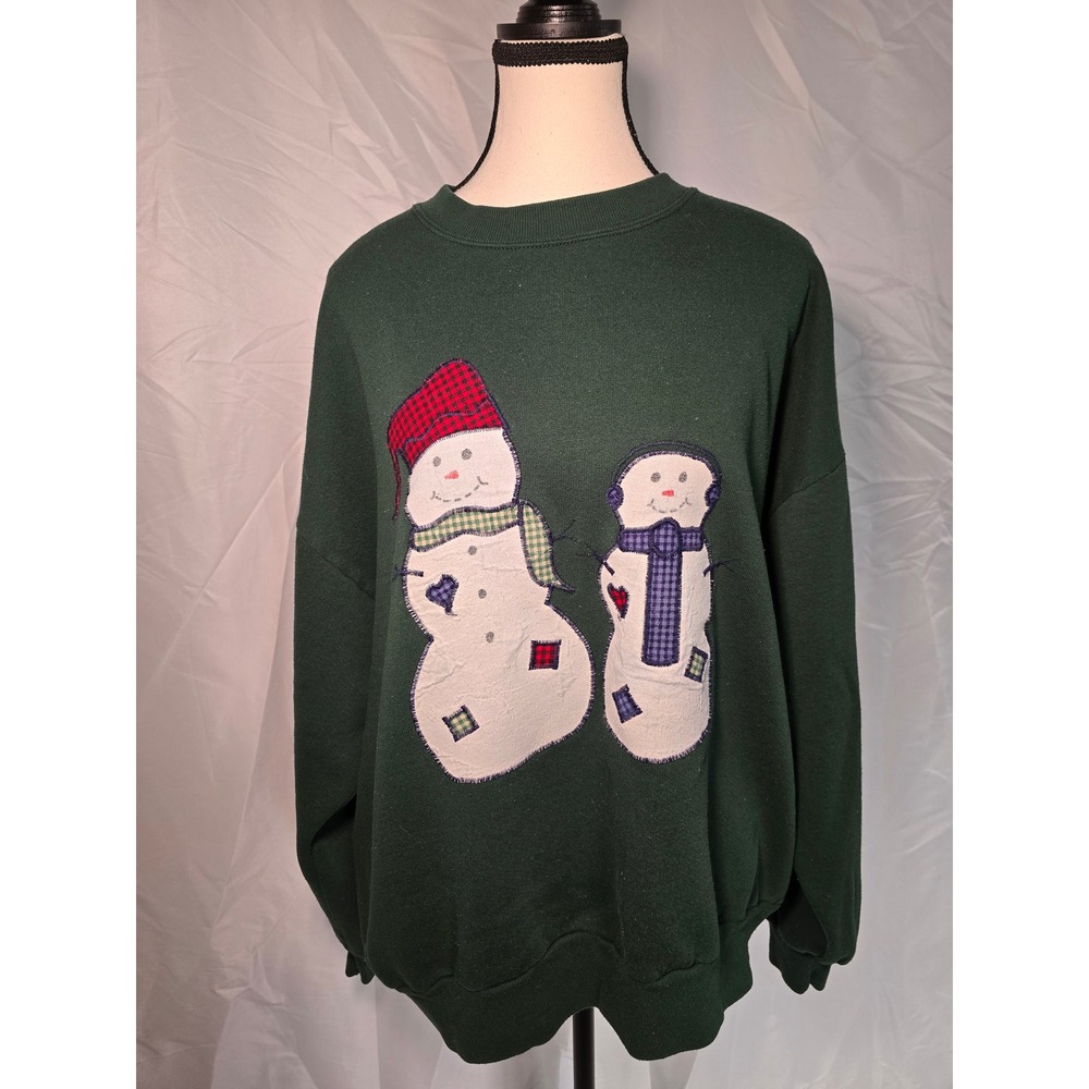Jerzees Activewear Christmas Snowman Applique Sweatshirt Womens XL Green Winter‎